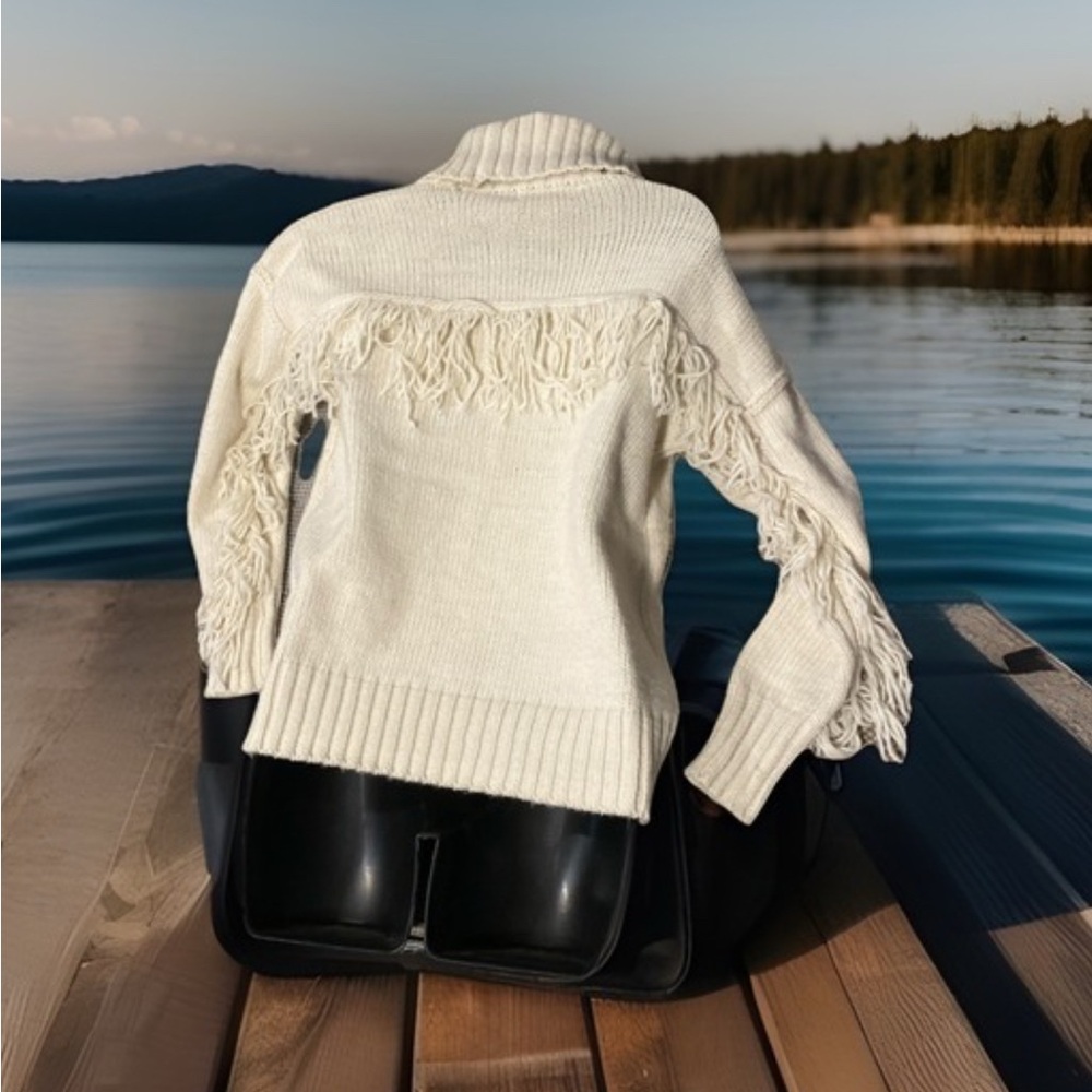 Willow and Wind Western Chic Cream Turtleneck Sweater with Fringe - Picture 3 of 4
